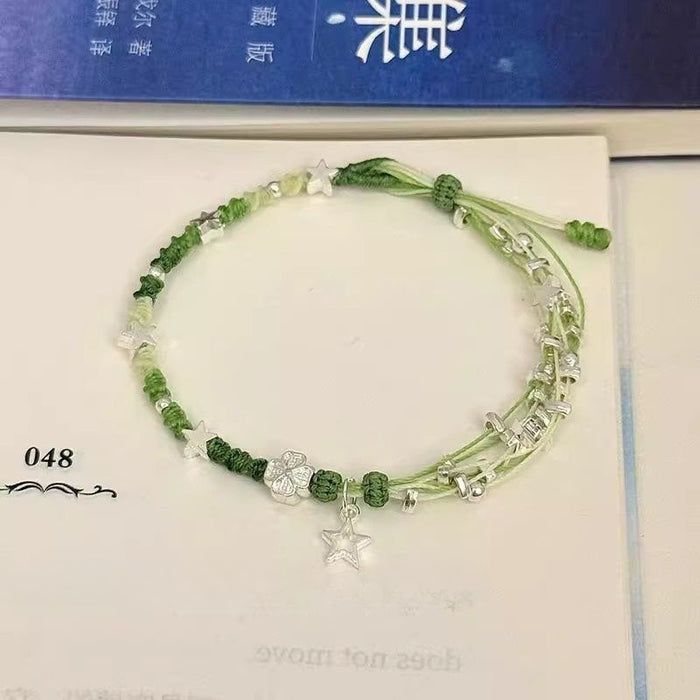 Handwoven Cord Lucky Clover Star Beaded Adjustable Forest Style Bangle For Women