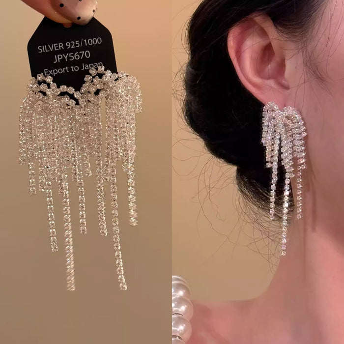 Light Luxury Copper Rhinestone Firework Flower Tassel Drop Earrings For Women