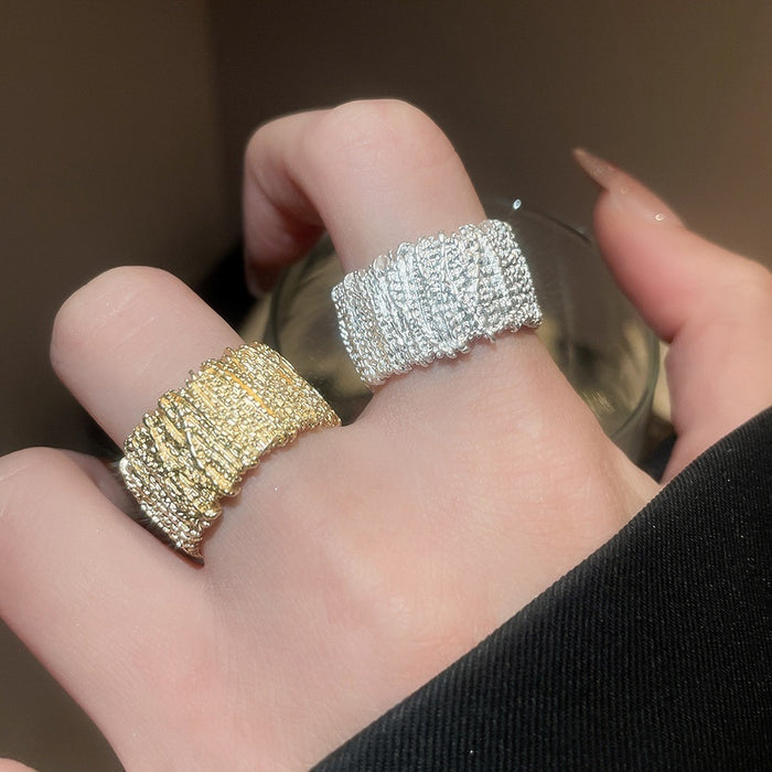 Light Luxury Alloy Open Ring With Crumpled Texture Geometric Design For Women