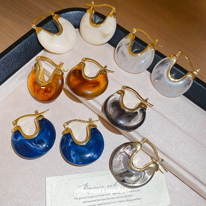 French Vintage Resin Geometric U Shape Round Stud Earrings For Women Autumn Winter Fashion