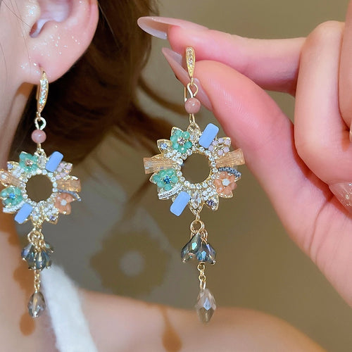 French Court Style Zircon Flower Tassel Crystal Drop Earrings With Vintage Luxury Design