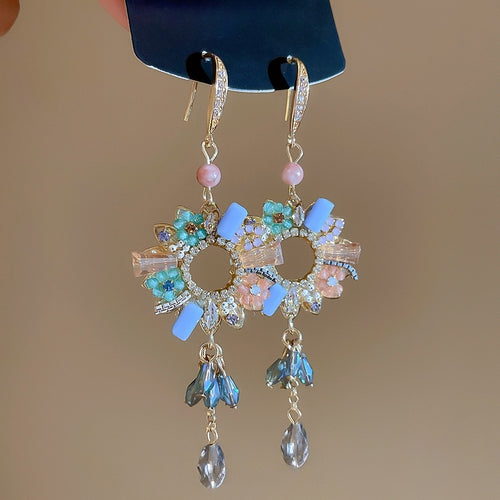 French Court Style Zircon Flower Tassel Crystal Drop Earrings With Vintage Luxury Design