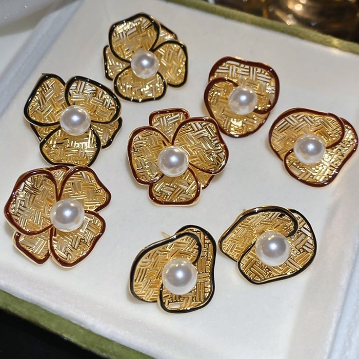 18K Gold Plated Hollow Flower Faux Pearl Stud Earrings With Silver Posts, European Light Luxury Style
