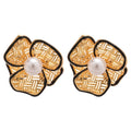 18K Gold Plated Hollow Flower Faux Pearl Stud Earrings With Silver Posts, European Light Luxury Style view 5