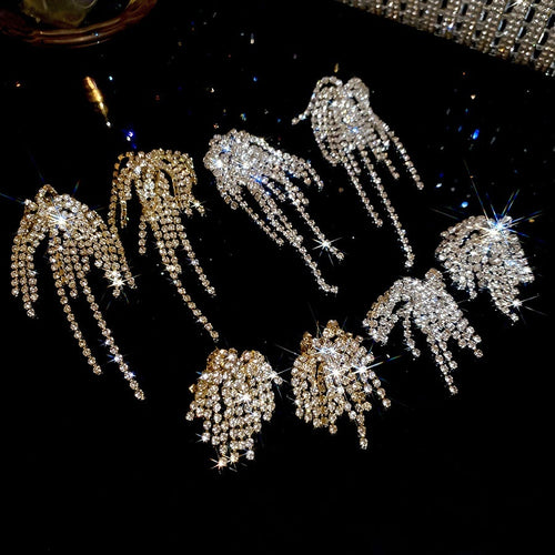 Copper Rhinestone Firework Tassel Drop Earrings With Silver Posts Light Luxury Geometric Jewelry