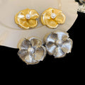 Metallic Flower Faux Pearl Stud Earrings, Style Statement Floral Fashion Jewelry view 4