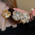 Metallic Flower Faux Pearl Stud Earrings, Style Statement Floral Fashion Jewelry view 1