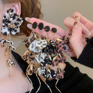 Vintage Ethnic Leopard Print Fabric Flower Tassel Pendant Drop Earrings For Women