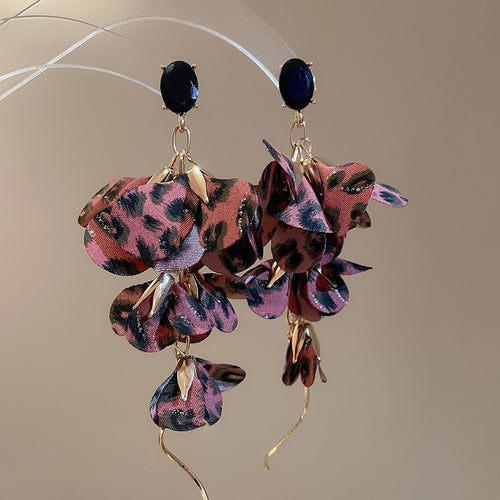 Vintage Ethnic Leopard Print Fabric Flower Tassel Pendant Drop Earrings For Women