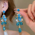 French Court Style Flower Pearl Crystal Drop Earrings With Silver Pin And Rhinestone Accents view 2