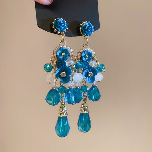 French Court Style Flower Pearl Crystal Drop Earrings With Silver Pin And Rhinestone Accents