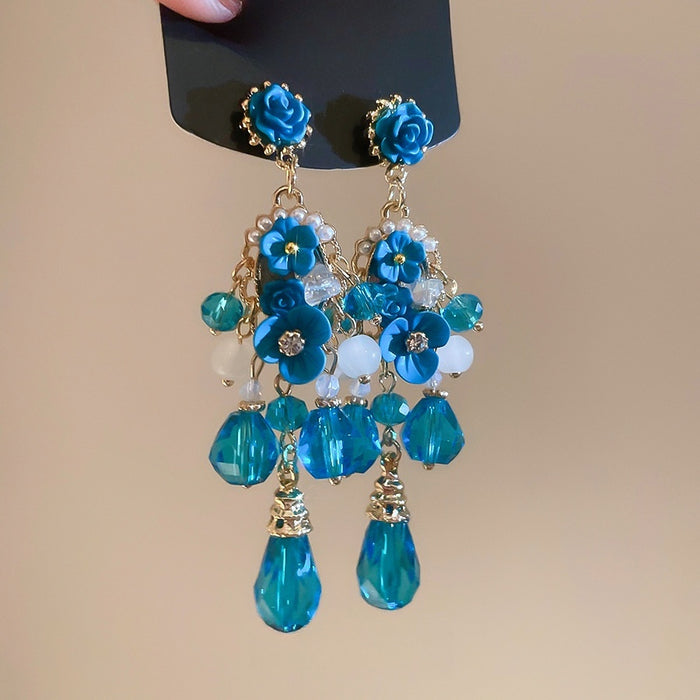 French Court Style Flower Pearl Crystal Drop Earrings With Silver Pin And Rhinestone Accents
