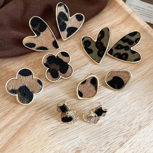 Alloy Silver Needle Rhinestone Leopard Print Cat Flower Heart Stud Earrings For Women