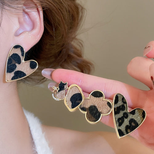 Alloy Silver Needle Rhinestone Leopard Print Cat Flower Heart Stud Earrings For Women
