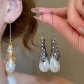 18K Gold Plated Faux Pearl Teardrop Drop Earrings With Silver Pins French Court Style view 2