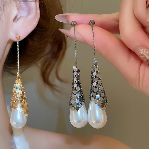 18K Gold Plated Faux Pearl Teardrop Drop Earrings With Silver Pins French Court Style