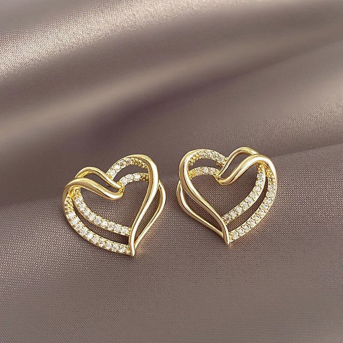 Elegant Double Layer Heart Stud Earrings Sweet Ladylike Heart Shape Women's Jewelry