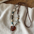 Vintage Ethnic Stone Wood Ceramic Beaded Heart Pendant Sweater Necklace For Women view 4