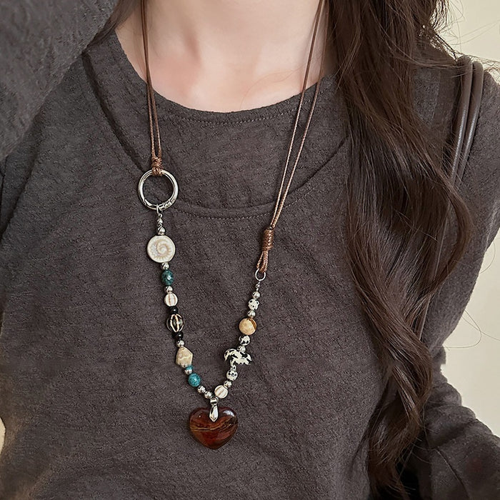 Vintage Ethnic Stone Wood Ceramic Beaded Heart Pendant Sweater Necklace For Women