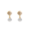 Elegant White Cat Eye Stone Pearl Drop With Rhinestone Inlaid Gold Alloy Enamel Shell Stud Earrings view 5
