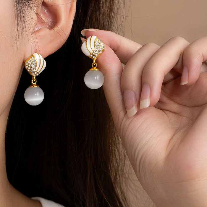 Elegant White Cat Eye Stone Pearl Drop With Rhinestone Inlaid Gold Alloy Enamel Shell Stud Earrings