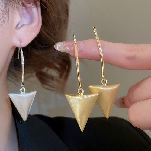 18K Brushed Metal Geometric Triangle Pendant Hook Earrings Minimalist Modern Fashion Jewelry