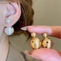 18K Gold Plated Brushed Metal Polka Dot Round Double Sided Stud Earrings view 1