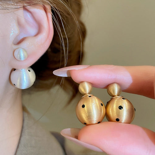 18K Gold Plated Brushed Metal Polka Dot Round Double Sided Stud Earrings