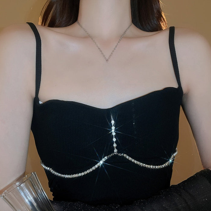 Light Luxury Alloy Rhinestone Geometric Square Curved Body Chain Necklace For Women