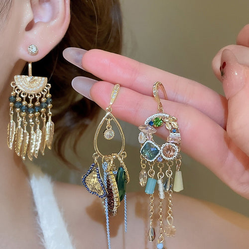 French Vintage Sparkling Crystal Tassel Drop Earrings With Rhinestone Teardrop Pendant