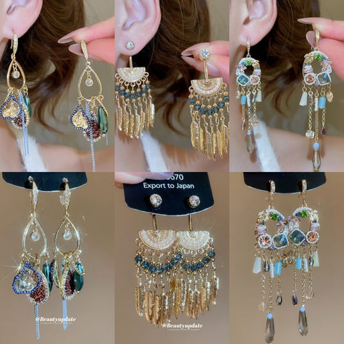 French Vintage Sparkling Crystal Tassel Drop Earrings With Rhinestone Teardrop Pendant