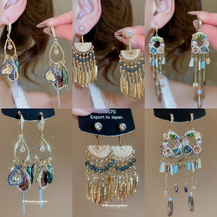 French Vintage Sparkling Crystal Tassel Drop Earrings With Rhinestone Teardrop Pendant