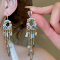 French Vintage Sparkling Crystal Tassel Drop Earrings With Rhinestone Teardrop Pendant view 4