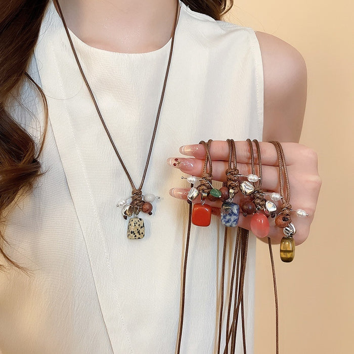 Ethnic Style Stone And Wood Beaded Round Pendant Stretch Cord Sweater Necklace