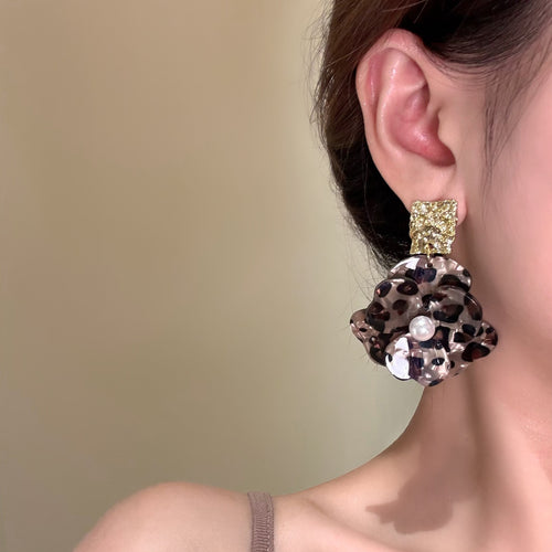 Vintage Hong Kong Style Acetate Pearl Flower Leopard Print Square Drop Earrings