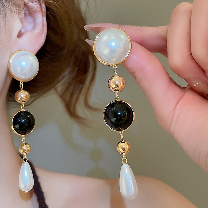 18K Gold Plated Faux Pearl Round Waterdrop Tassel Court Style Drop Earrings With Silver Pins