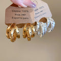 18K Gold Plated Iron C Shape Stud Earrings With Silver Pins Brushed Triple Layer Polka Dot Design view 1