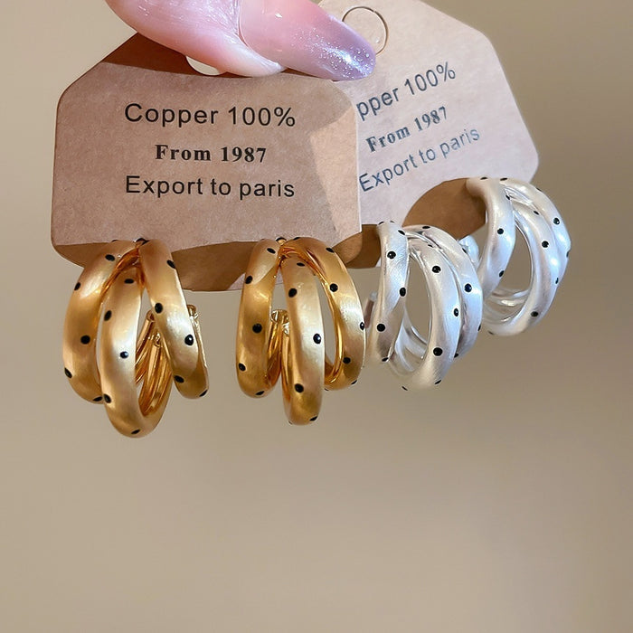 18K Gold Plated Iron C Shape Stud Earrings With Silver Pins Brushed Triple Layer Polka Dot Design