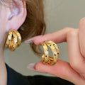 18K Gold Plated Iron C Shape Stud Earrings With Silver Pins Brushed Triple Layer Polka Dot Design view 4