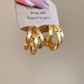 18K Gold Plated Iron C Shape Stud Earrings With Silver Pins Brushed Triple Layer Polka Dot Design view 3