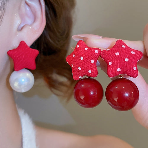 Fabric Five Point Star Faux Pearl Drop Earrings Fashion OL Vintage Hong Kong Style Earrings
