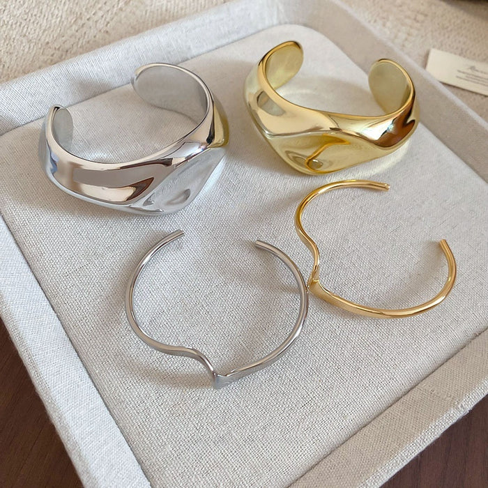European Style Glossy Metal Wrinkle Irregular Open Cuff Bangle For Women
