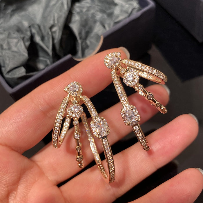 Copper Zircon Geometric Oval Hollow Three Layer French Court Style Stud Earrings