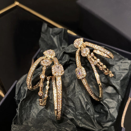 Copper Zircon Geometric Oval Hollow Three Layer French Court Style Stud Earrings