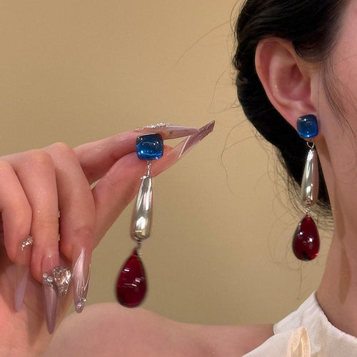 Acrylic Teardrop Tassel Drop Earrings With Silver Pins, French Palace Light Luxury Style