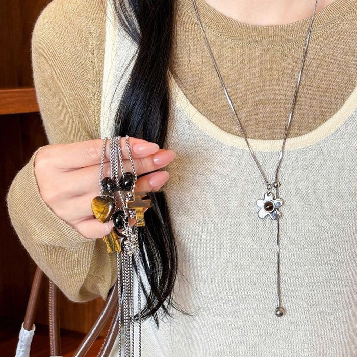 Stainless Steel Tiger Eye Beaded Heart Star Ethnic Sweater Necklace For Women