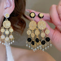 French Court Style Acrylic Round Pearl Tassel Drop Earrings With Silver Pins view 1