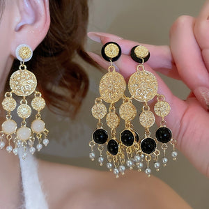 French Court Style Acrylic Round Pearl Tassel Drop Earrings With Silver Pins