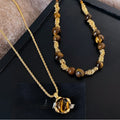 Tiger Eye Beaded Geometric Round Pendant Stainless Steel Maillard Sweater Necklace view 2