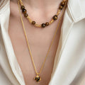 Tiger Eye Beaded Geometric Round Pendant Stainless Steel Maillard Sweater Necklace view 3